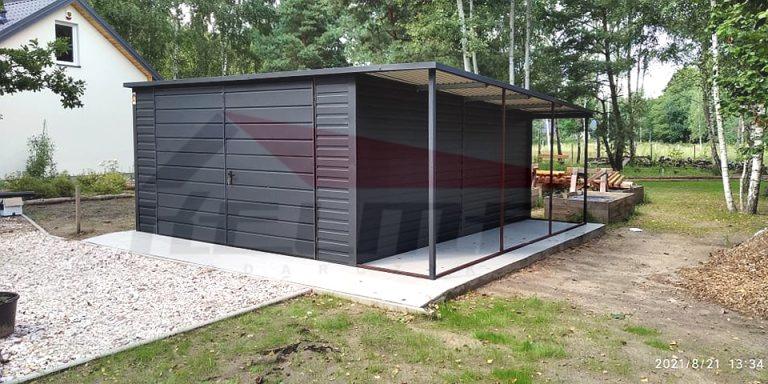 Garaż blaszany + wiata spad na tył akryl grafit mat 4,9m x 5m