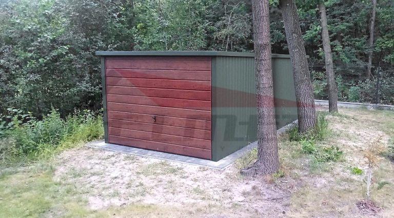 Garaż blaszany spad do tyłu akryl zieleń/orzech 3m x 5m