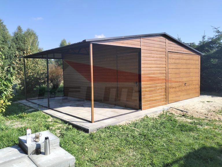 Garaż blaszany + wiata dwuspadowy drewnopodobny MULTIGROS 6m x 5m
