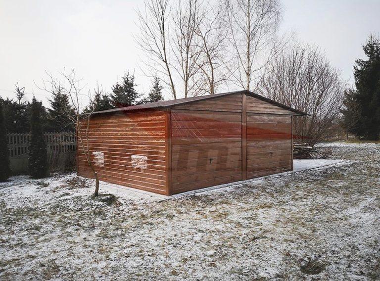 Garaż blaszany + wiata dwuspadowy drewnopodobny MULTIGROS 7m x 5m
