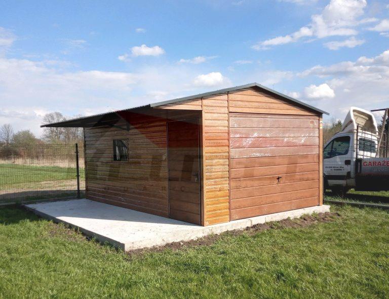 Garaż blaszany + wiata dwuspadowy drewnopodobny MULTIGROS/ORZECH 4,5m x 5m