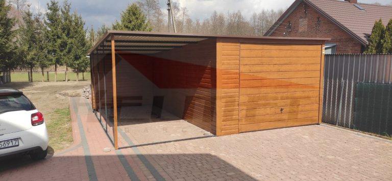 Garaż blaszany z wiatą spad do tyłu drewnopodobny złoty dąb 6,5m x 5m