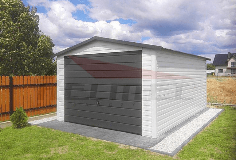 Garaż blaszany dwuspadowy akryl biały/grafit 3,5m x 5m